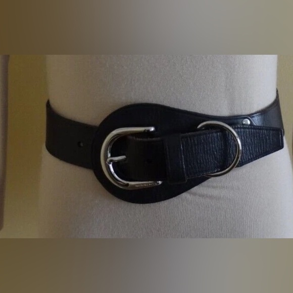 Black leather thick belt with silver hardware s&m halter style size medium dom - Picture 1 of 7